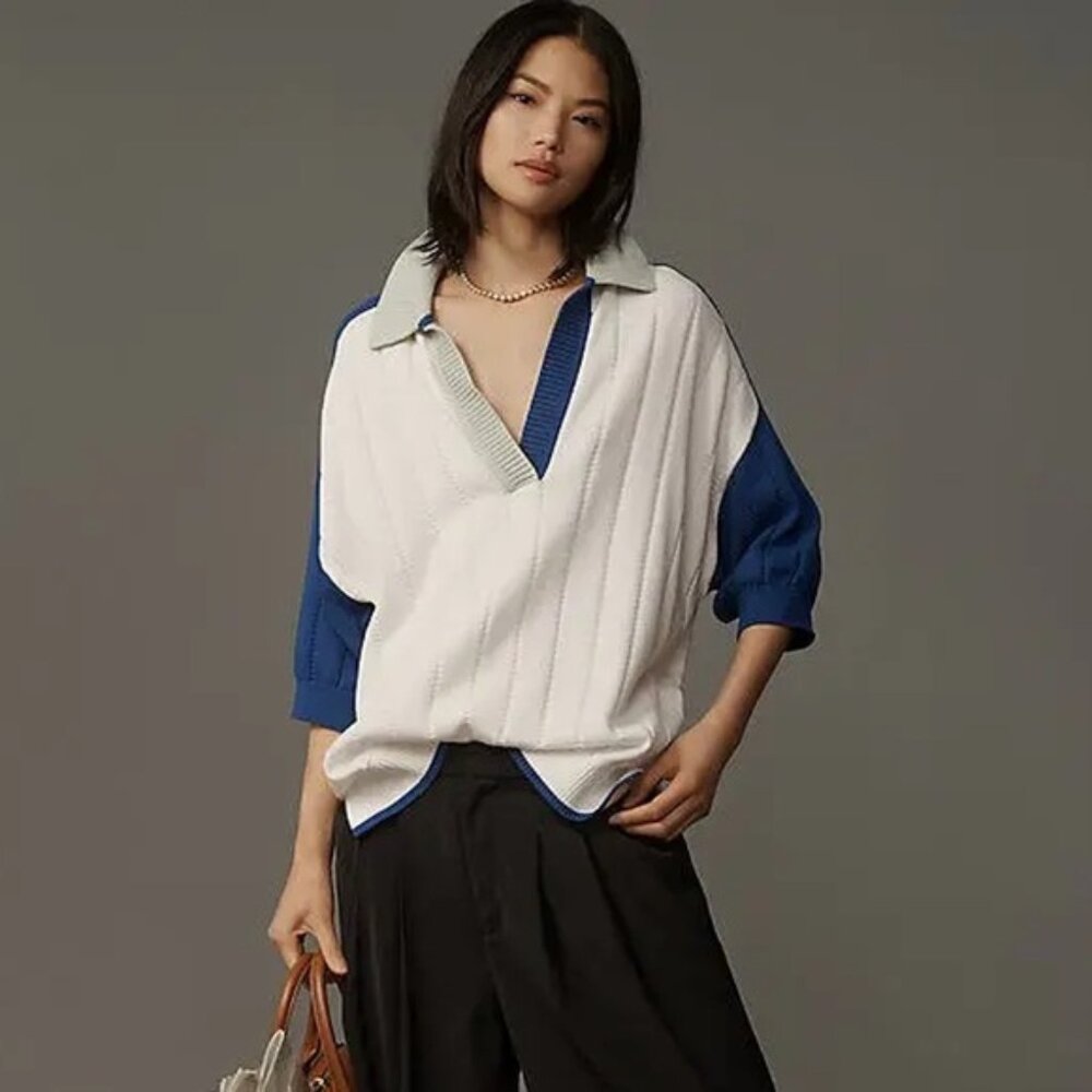 Anthropologie - Maeve - Collared Rugby V-neck Cotton Sweater